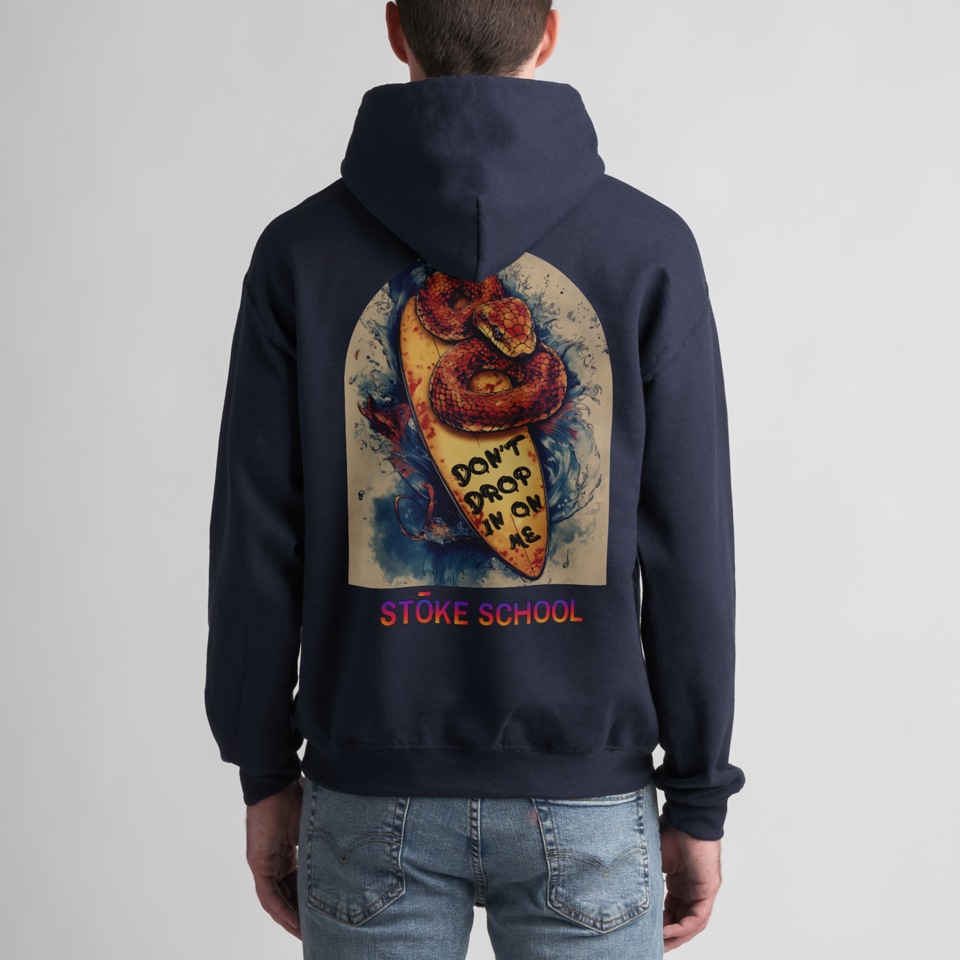 Unisex hoodie red snake on board don't drop in on me graphic vibes surf culture fashion