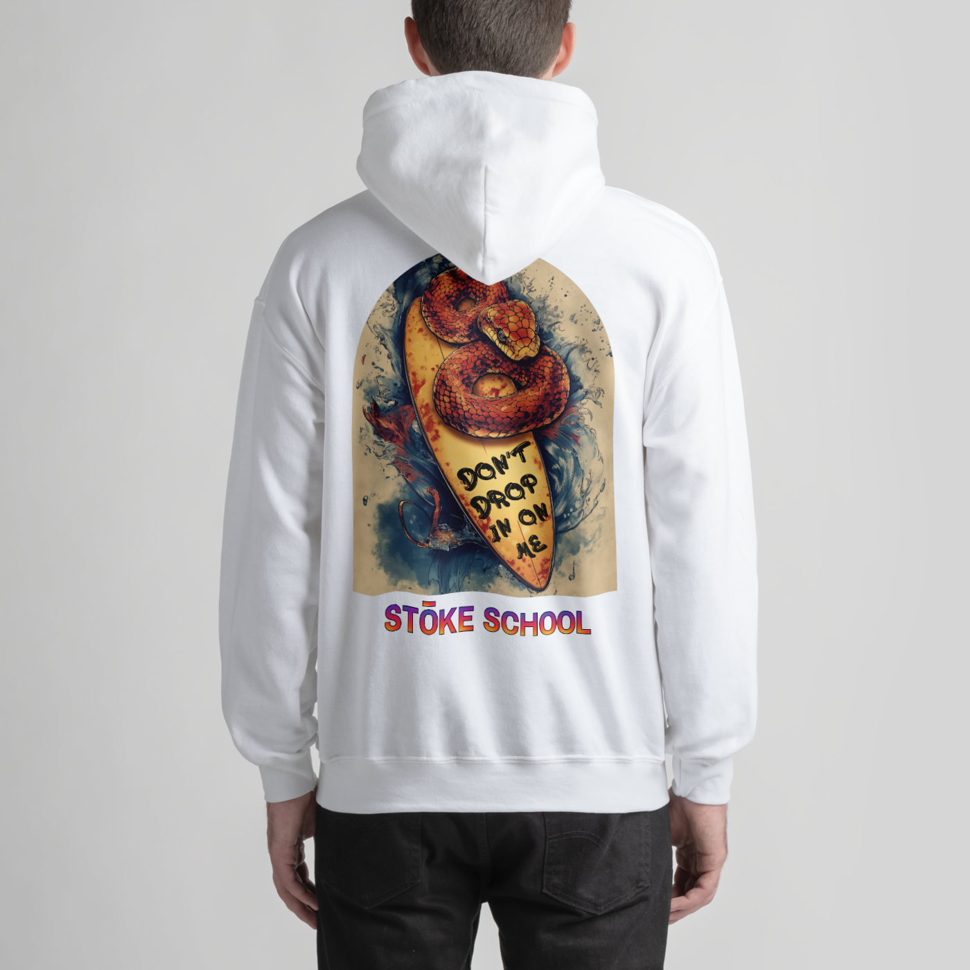 Unisex hoodie red snake on board don't drop in on me graphic vibes surf culture fashion