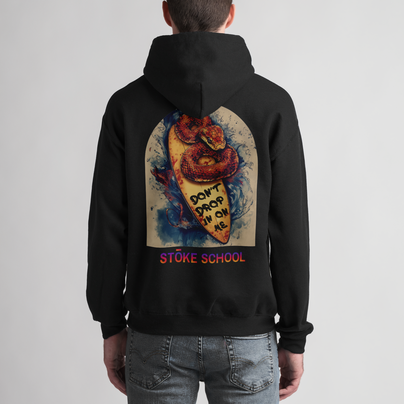 Unisex hoodie red snake on board don't drop in on me graphic vibes surf culture fashion