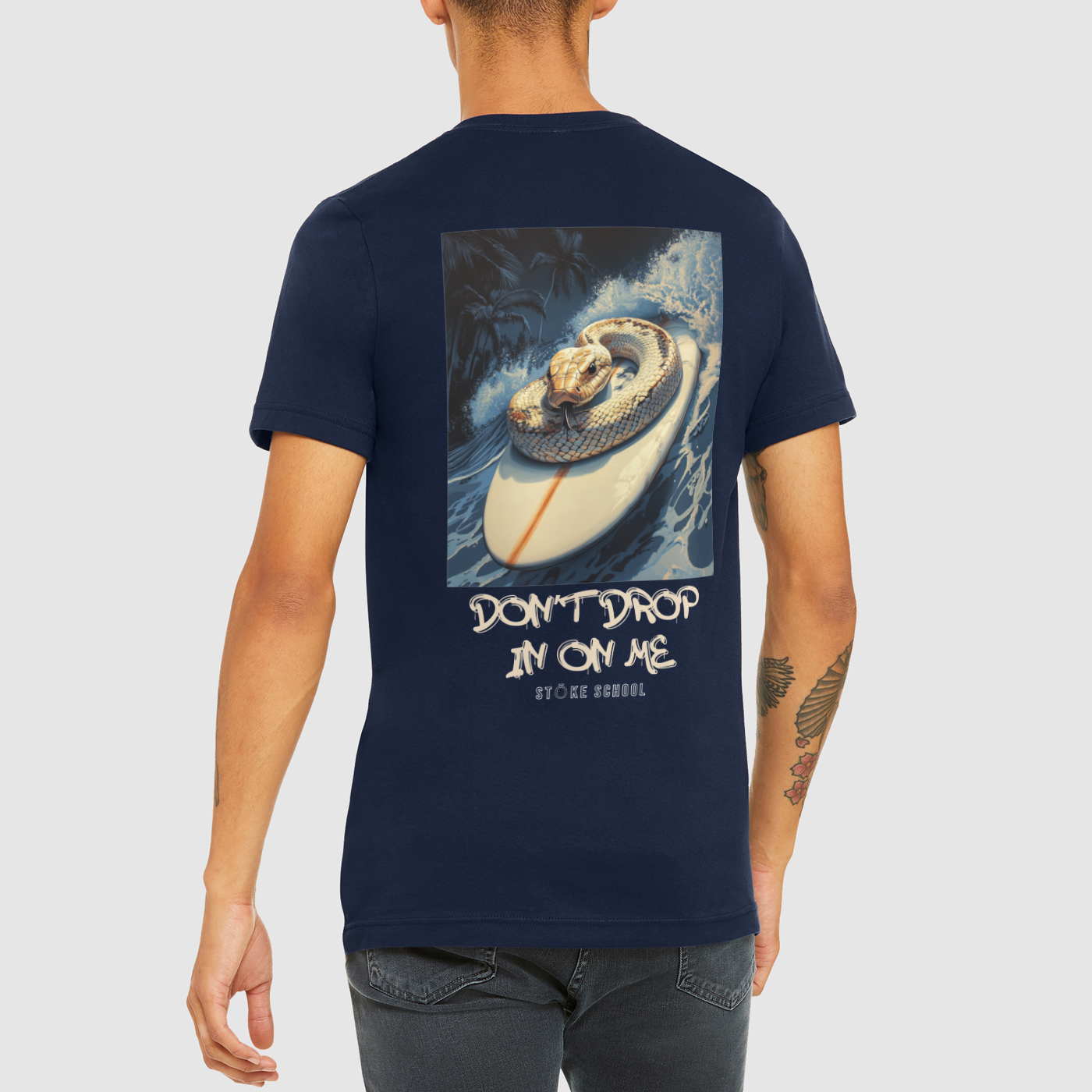 Crew tee graphic snake on board don't drop in on me surf culture vibes fashion